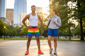 The man is wearing rainbow-colored 4-way stretch gym shorts with a vibrant horizontal stripe pattern for performance and pride