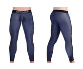 Navy blue men’s compression leggings with black waistband and subtle textured pattern made from performance fabric.