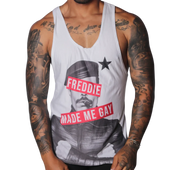 Gigo Freddie graphic tank top in white with black print — bold queer-inclusive men's fashion style