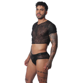 Gigo Prolix black lace sheer mesh crop top — bold queer-inspired men's fashion for expressive wardrobe styling