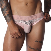 Gigo Romantic pink brief with lace trim and branded waistband — soft queer men's underwear for everyday comfort and bold style