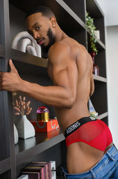 Red mesh adonis branded briefs with black elastic waistband designed for bold men by kyhry