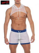White mesh hooded top with blue trim and drawstring details featured in gay clubwear guide 2026 for bold style