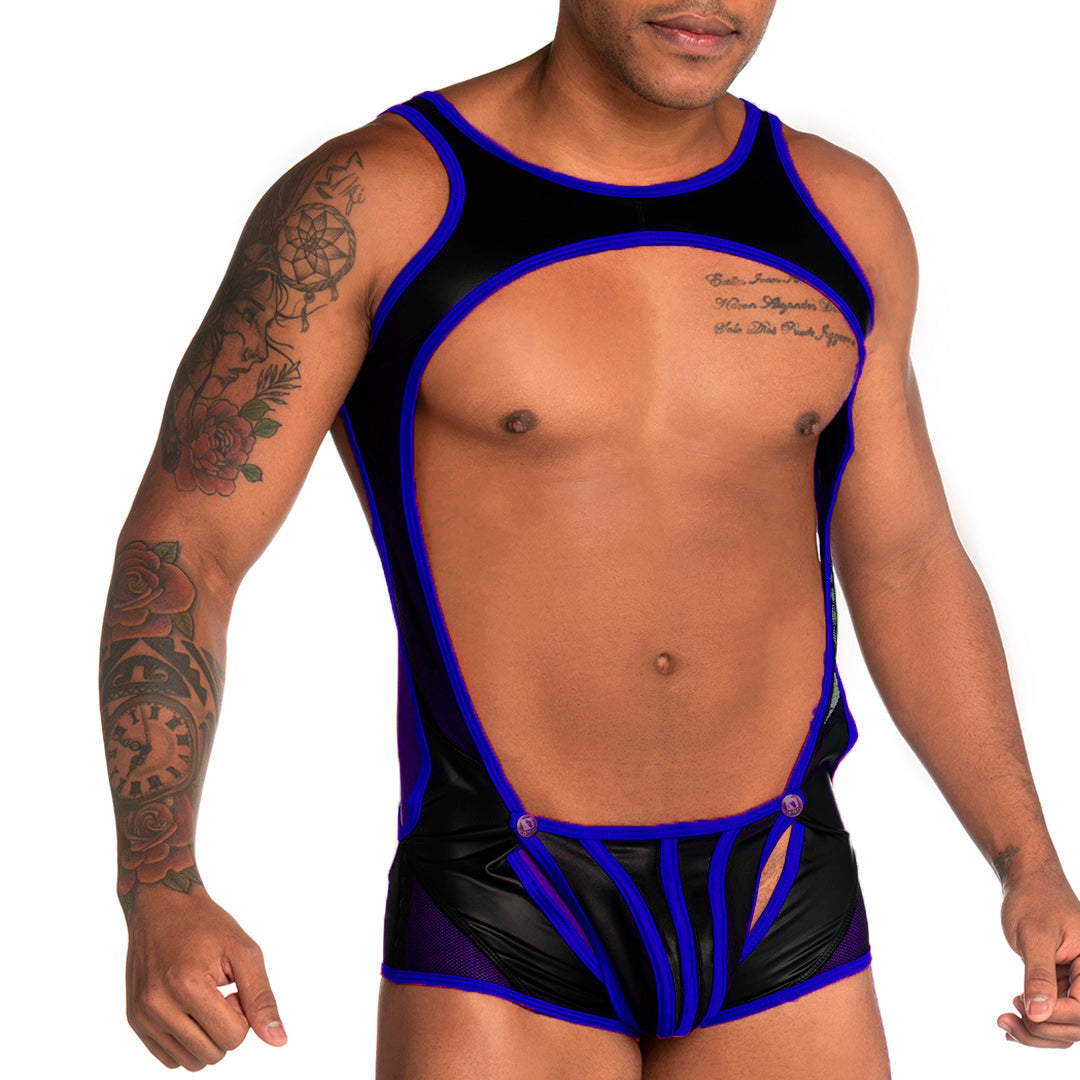 FETICHE BLUE SINGLET - Sexy one-piece bodysuit for men made of leather-like fabric, with detachable front cup.