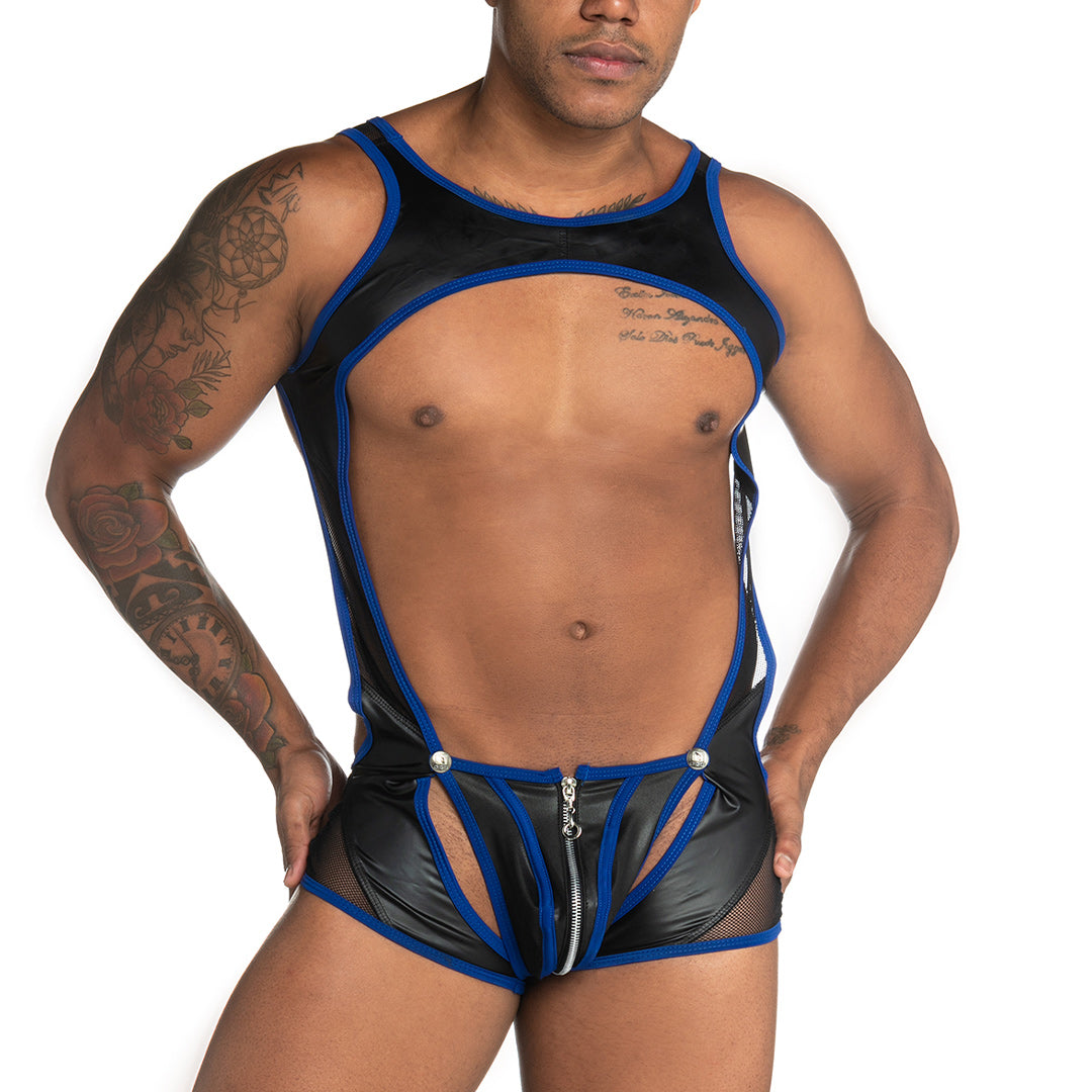 FETICHE BLUE ZIPPER SINGLET - Sexy one-piece bodysuit for men with back zipper, made of leather-like fabric and removable cup with front zipper.