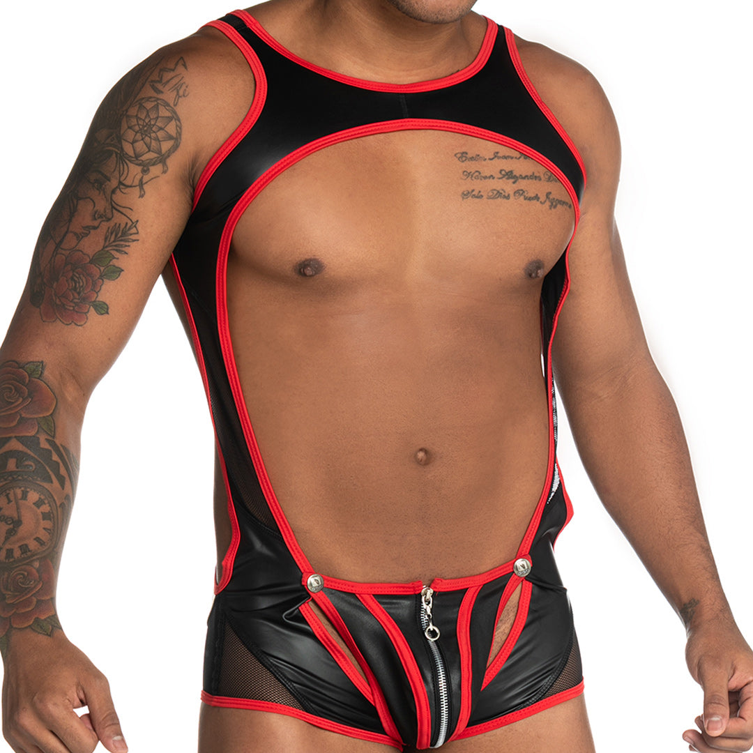 FETICHE RED ZIPPER SINGLET - Sexy one-piece bodysuit for men with back zipper, made of leather-like fabric and removable cup with front zipper.