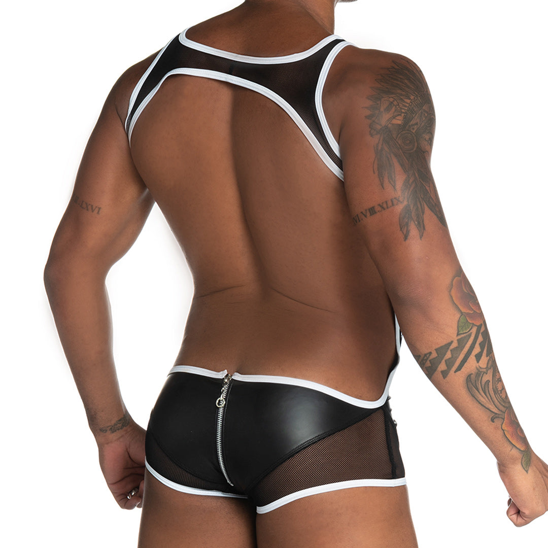 FETICHE WHITE ZIPPER SINGLET - Sexy one-piece bodysuit for men with back zipper, made of leather-like fabric and removable cup with front zipper.