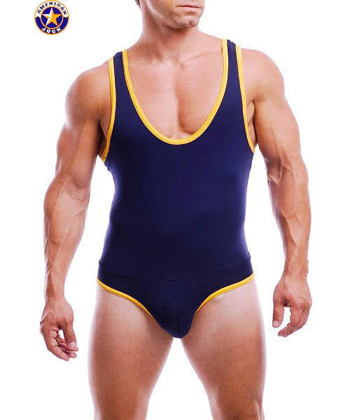 A navy blue and yellow american jack wrestling singlet with ribbed trim offering style and comfort