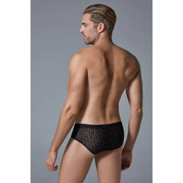 Black lace briefs with intricate swirling pattern featured in luca leopard mens briefs combining comfort and style