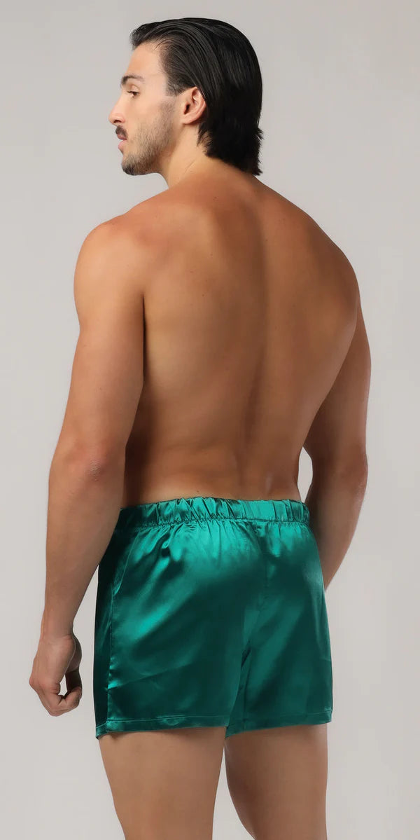 Emerald green satin sweetheart boxer shorts with a gathered waistband offering comfort and style
