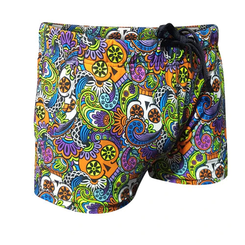 Vibrant multicolored kineo printed swim trunks with psychedelic skull and paisley pattern and black drawstrings for summer style