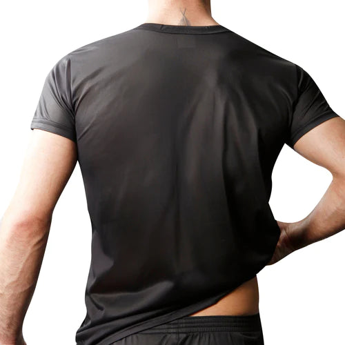 Black short-sleeved nylon tricot crew neck t-shirt with subtle sheen offering versatile comfort and athletic style