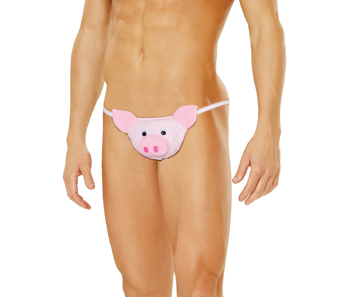 Pink plush pig-themed men’s thong with black eyes and pink nose as a unique stylish accessory
