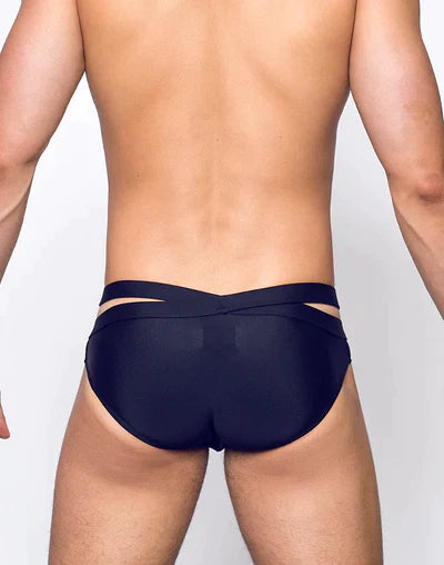 Black 2eros swim trunks with sleek contoured design and distinctive cut-out straps for hip and chest sizing guide