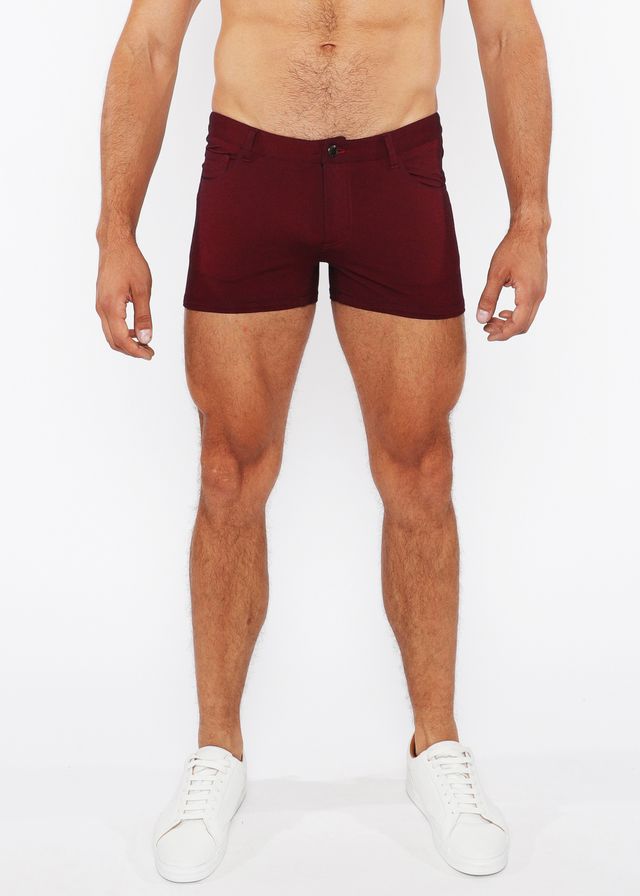 Maroon form-fitting shorts with classic button closure and side pockets for mens summer lightweight essentials