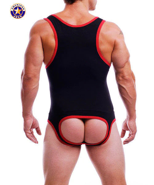 Back view of black and red A J Endurance Jack men’s athletic singlet with distinctive cutout design for style and function