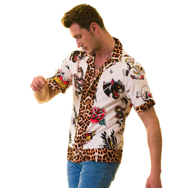 White short-sleeved button-up gravity tattoo shirt with bold leopard trim and vibrant panther rose tattoo pattern