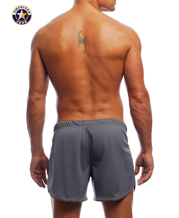 Gray american jock athletic shorts with elastic waistband and subtle side seam design for ultimate workout support
