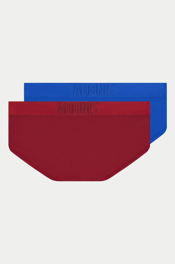 A pair of antonio briefs in vibrant red and blue with a sleek elastic waistband embossed with the brand name