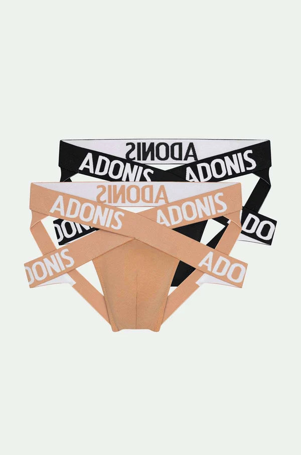 Tan and black adonis briefs with bold x jocks branding on waistband enhancing style in 2-pack black and nude set