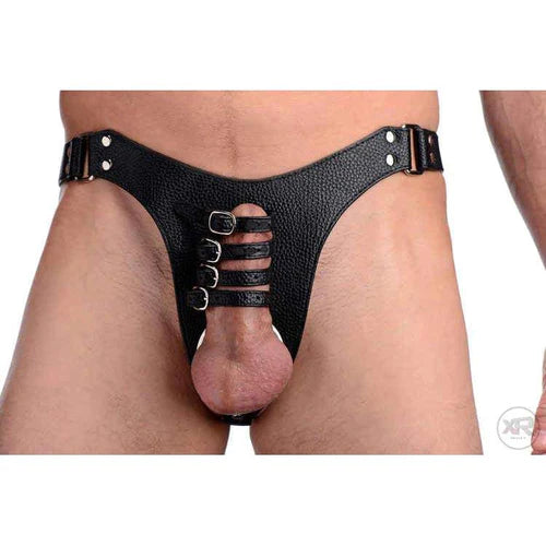 Black leather male chastity harness with silver metal buckles and straps for strict restraint and control