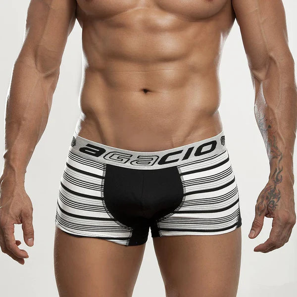 Agacio ag5832 boxer briefs with black and white stripes and solid black front panel for style and comfort