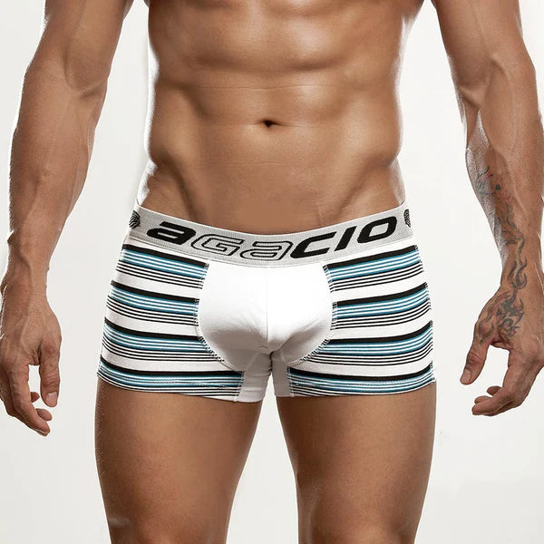 Agacio ag5832 men’s boxer briefs in white with blue and black stripes and gray waistband for style and comfort