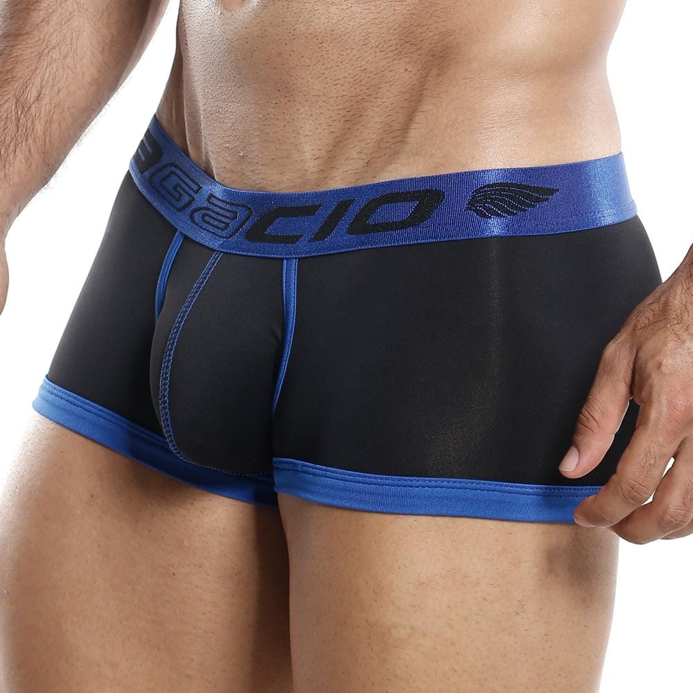 Black and blue athletic boxer briefs with shiny elastic waistband featuring gacio brand name for perfect fit comfort.