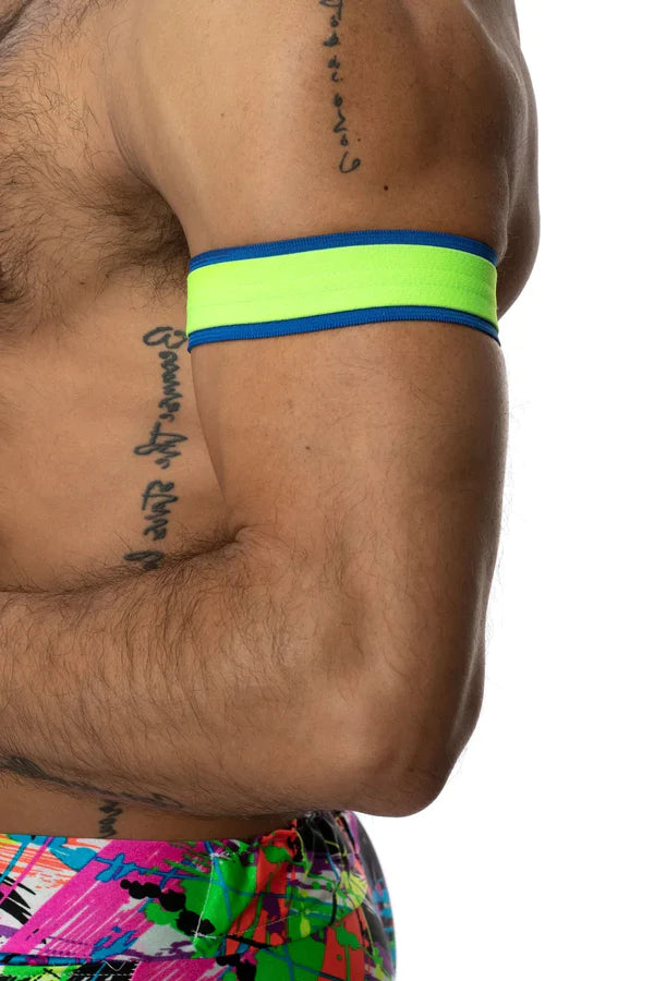 Neon green and blue reflective armband by sstricks apparel designed for visibility and style in cutting edge fashion