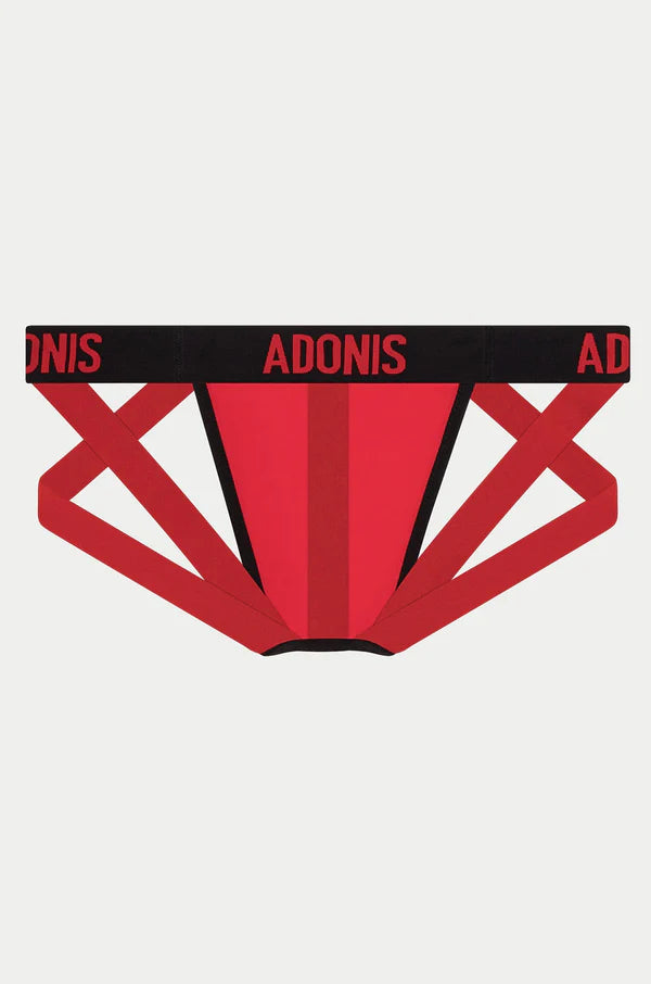 Red and black geometric-patterned men’s briefs with adonis waistband designed to enhance your package and support your booty