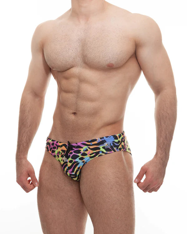 Vibrant multicolored leopard-print swim trunks with bold playful design featured in the allure of the tiger hallucination article