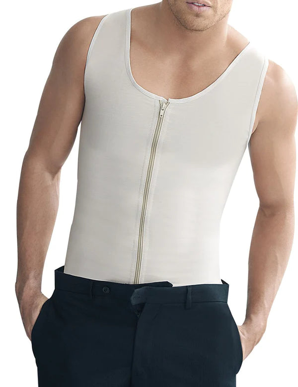 Cream-colored stretch zip-front tank top made of latex fabric featured in ann chery 2034 men girdle body shaper beige
