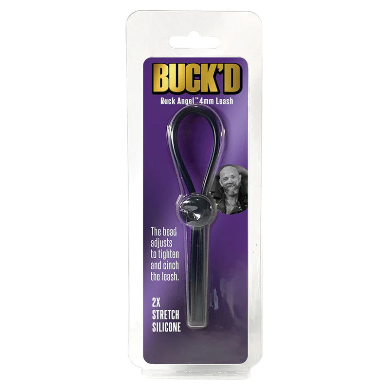 Black silicone buckd 4mm leash with central adjustment bead packed in clear plastic for trans and ftm individuals