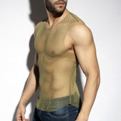 Olive green mesh tank top showcasing breathable material in an article about celebrating identity and queer fashion brands