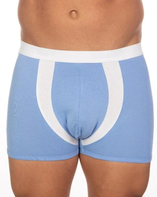 Light blue BASIX Alex trunk boxer briefs with white elastic waistband and bold curved white stripe for everyday style.