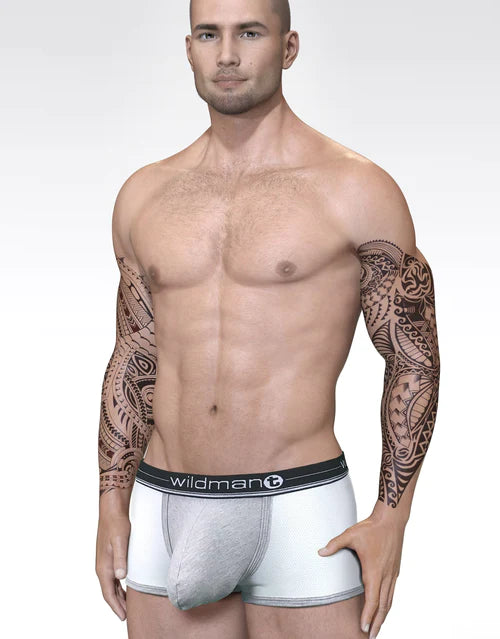 White cotton briefs with black elastic waistband featuring wildman branding for ultimate comfort and support