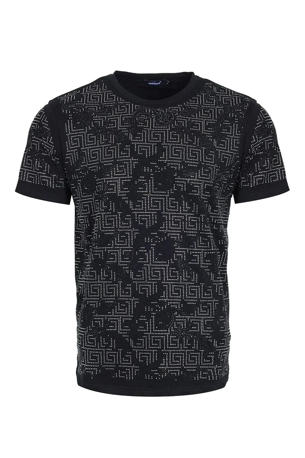 Black short-sleeved t-shirt with bold white and silver geometric floral greek pattern and shimmering accents for fashion.