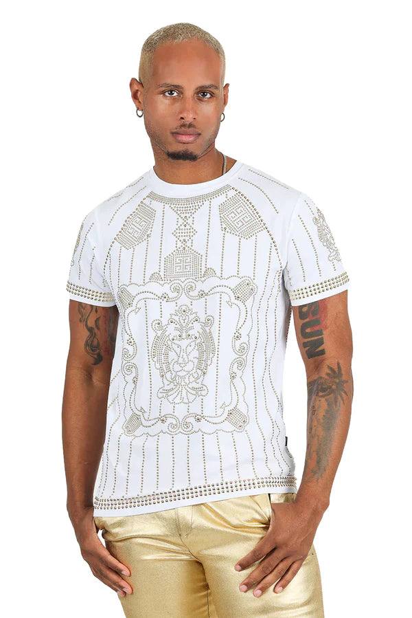 White short-sleeved t shirt with silver rhinestone embellishments in an ornate design for roaring style impact