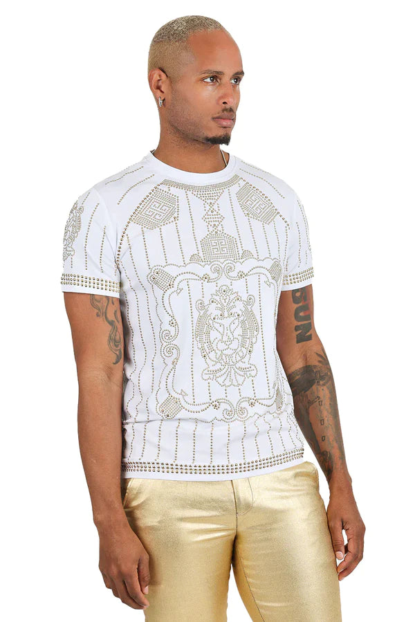 White short-sleeved t-shirt with silver rhinestone lion embroidery and vertical stripes from Barabas menswear collection