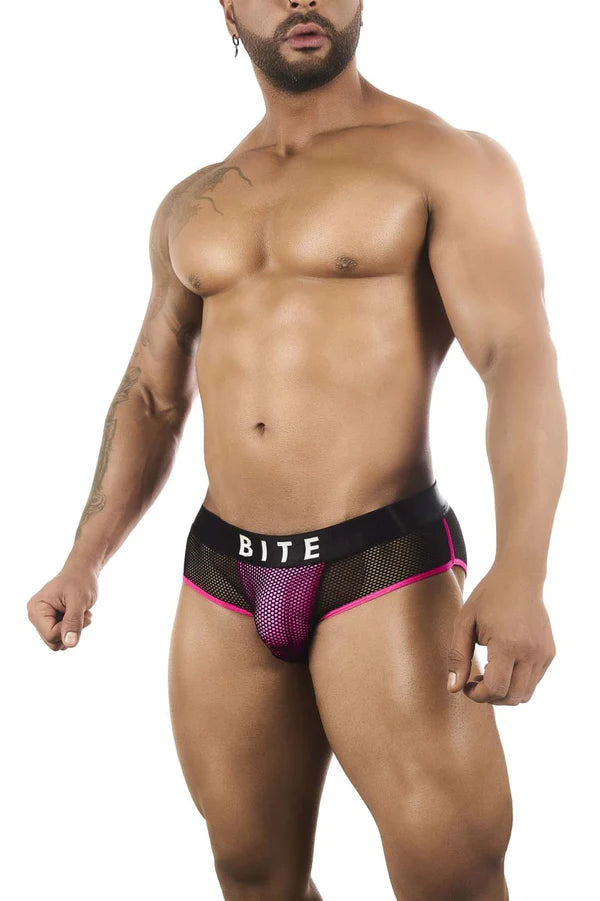 Pink mesh briefs with black waistband and trim featuring the word bite in white from BiteWear discreet apricot jockstrap