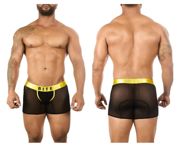 Black sheer boxer briefs with bold yellow waistband featuring bite branding in luminous lime trunks color yellow