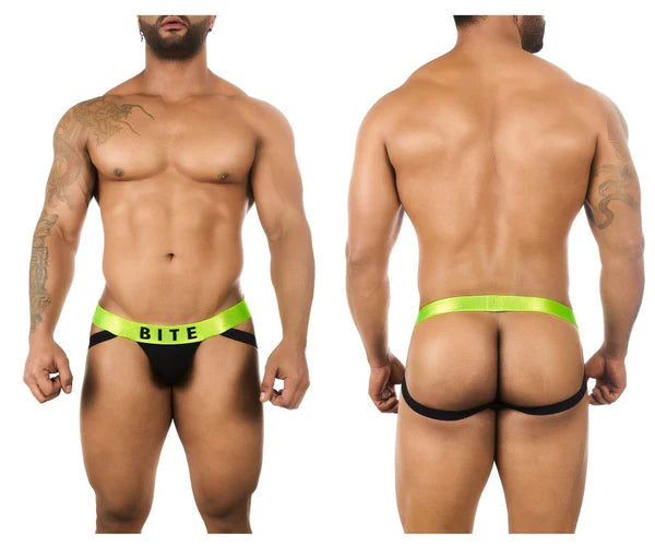 Bright neon green and black bitewear sassy peach jockstrap with bold white bite waistband for athletic use
