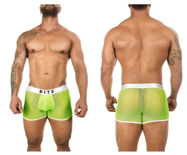 Bright kumquat trunks green neon mesh briefs with white waistband and black bite lettering for style and comfort.