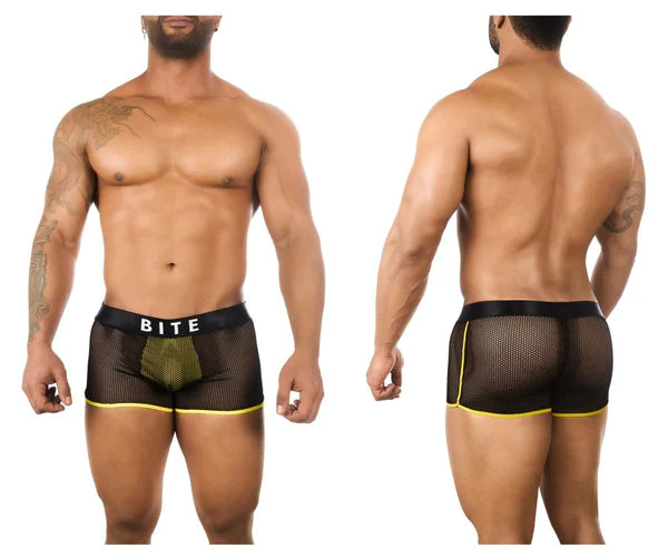 Black mesh bitewear boxer briefs with yellow trim and green textured front panel for style and comfort