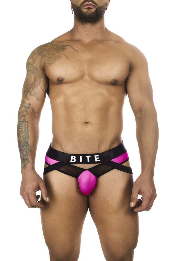 Bright pink and black bitewear bw2023108 tuxedo banana briefs with mesh design and bold color fuchsia