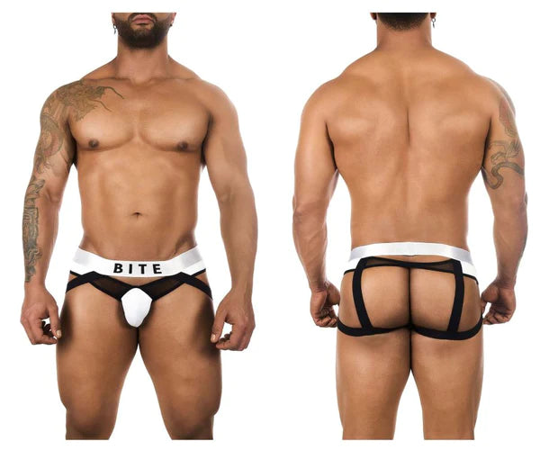 Black and white lace-trimmed men’s briefs with bold bite logo waistband featured in tuxedo banana style