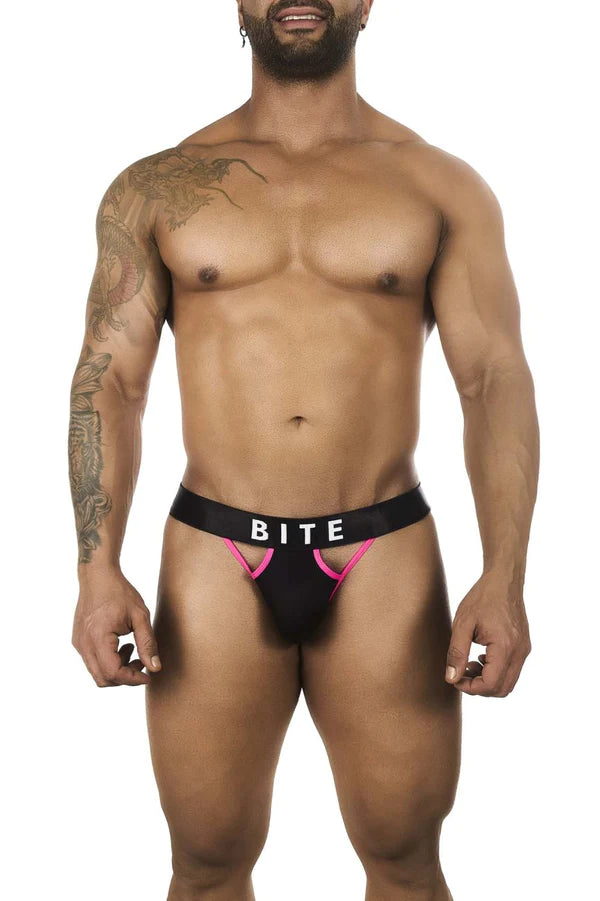 Black and pink bitewear bw2023109 bite my cherry thong with bold contrasting design in fuchsia color