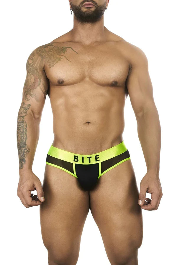 Black and neon green BiteWear BW2023110 Sweet Kiwi athletic briefs with branded waistband for activewear use