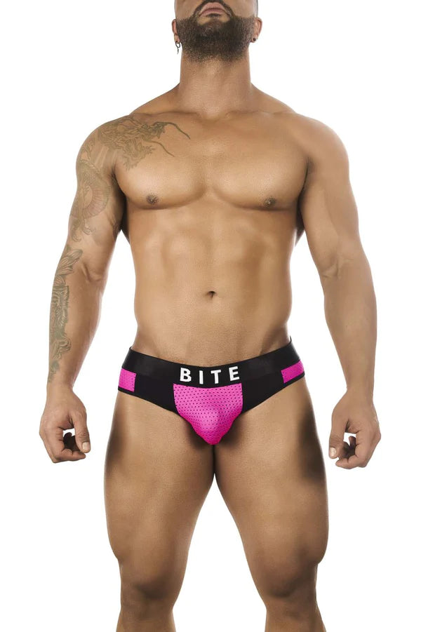 Bright pink and black mesh briefs with bite printed in white on waistband from BiteWear BW2023112 Dirty Plum Jockstrap.