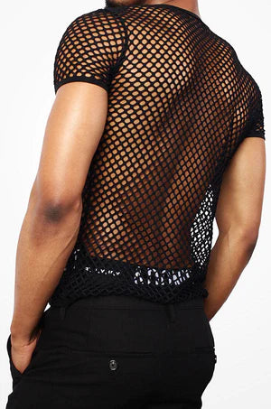 Black mesh short-sleeved top with sheer fishnet texture and shiny waistband featured in adonis by kyhry underwear collection